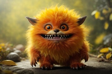 A little orange furry monster with teeth lurks in the colorful background. The image showcases a furry art with cute and colorful elements. Generative Ai.