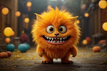 A little orange furry monster with teeth lurks in the colorful background. The image showcases a furry art with cute and colorful elements. Generative Ai.