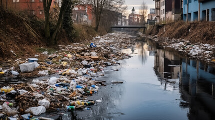 Huge plastic decomposable trash in small sewage of big urban city making environmental toxic contamination pollution problem. Household waste dispose management problem concept. - obrazy, fototapety, plakaty