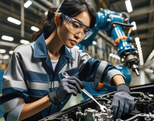 Machine assembly plant South Asian female mechanic in her 30s with black hair tied back, wearing safety goggles, a blue work uniform working