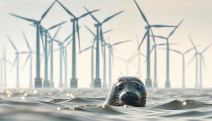 Daylight photo of seal's head emerging from the sea with wind turbines for clean renewable wind energy concept - obrazy, fototapety, plakaty