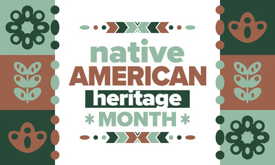 Native American Heritage Month. American Indian culture. Celebrate annual in in November in United States. Tradition Indian pattern. Poster and banner. Vector authentic ornament, ethnic illustration