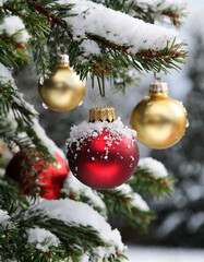Boules de Noel d&eacute;corative suspendue sur une branche de sapin en hiver