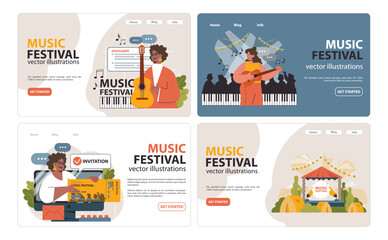 Music Festival set. Vibrant artists perform live, fans enjoy melodies, invites on screens, stage in nature. Flat vector illustration.