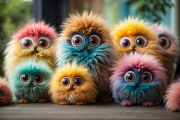 company of cute fluffy multi-colored monsters with big eyes, their multi-colored appearance, their big eyes, and the playful and friendly atmosphere they create. Generative AI.