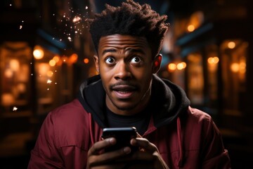 Black Man Red Hoodie Astounded Checking Phone Concept Generative AI - obrazy, fototapety, plakaty