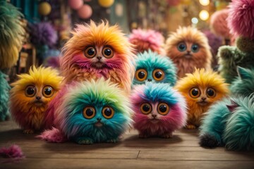 company of cute fluffy multi-colored monsters with big eyes, their multi-colored appearance, their big eyes, and the playful and friendly atmosphere they create. Generative AI.