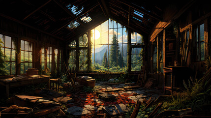 An old abandoned house in the forest at sunset