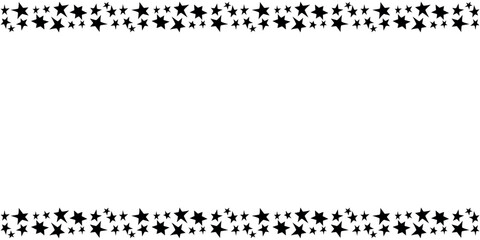 Fame from small black stars isolated. Horizontal top and bottom edging, border, decoration on theme of astronomy, space, victory, holidays - obrazy, fototapety, plakaty
