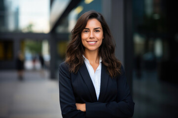 Smiling corporate portrait of CEO business woman, company manager outdoor office building.