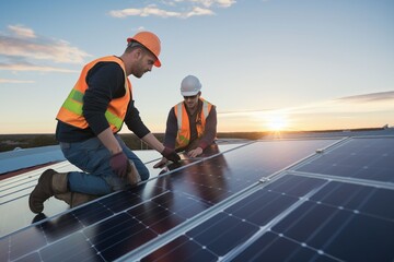 engineers install solar panels on the roof