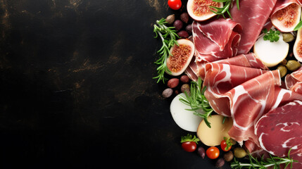 Slices of jamon serrano ham or prosciutto crudo parma on wooden board with rosemary. Wooden background. Top view.