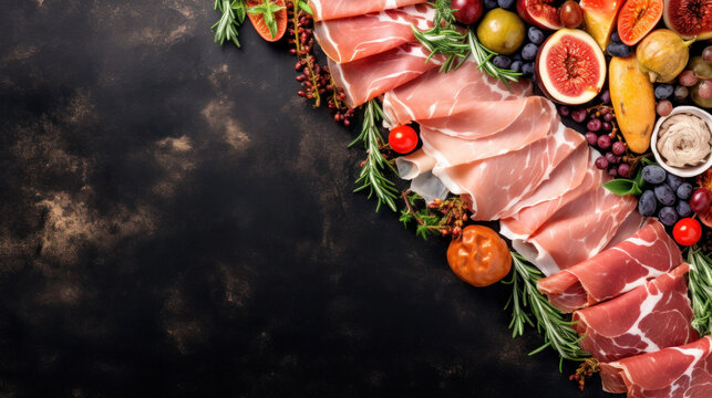 Slices of jamon serrano ham or prosciutto crudo parma on wooden board with rosemary. Wooden background. Top view.