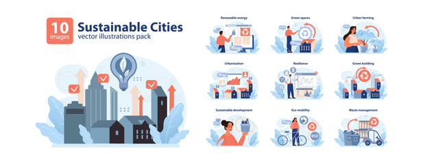 Sustainable Cities set. Modern urban solutions and green innovations. Renewable energy, urban farming, and waste management initiatives. Eco friendly practices and urban resilience. Flat vector - obrazy, fototapety, plakaty