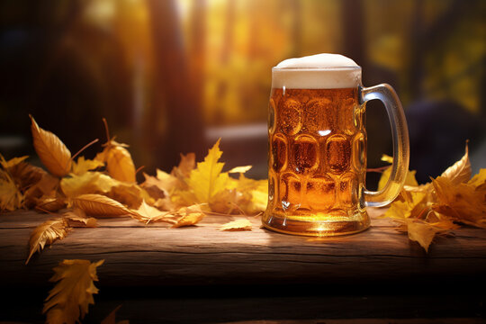 Glass with beer, beer mug or beer stands on wooden table with autumn leaves in autumnal surroundings - theme beer, alcohol and Oktoberfest