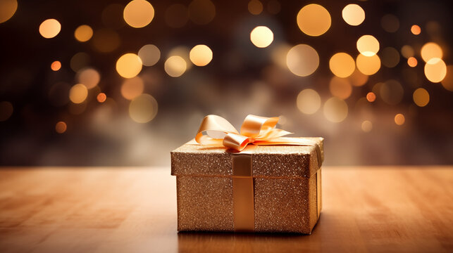 Holiday Dreams Come True: Wrapped Gift Box with Bow on Bokeh.