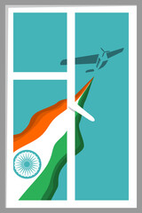 Air plane with waved flag of India. Independence day celebration card concept. Travel and transportation by air. View from window