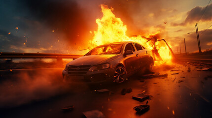 Fototapeta na wymiar Crashed accident car on fire on highway road at sunset
