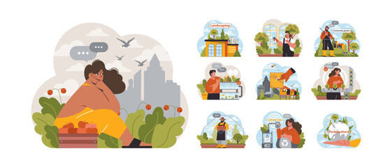 Fototapeta premium Urban gardening set. Residents nurturing plants amidst cityscape. Landscaping, community gardens, and composting. Sustainable living in urban settings. Permaculture practices. Flat vector illustration