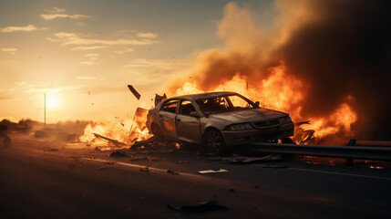 Fototapeta na wymiar Crashed accident car on fire on highway road at sunset