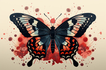 Vibrant butterfly with red accents and dark wings