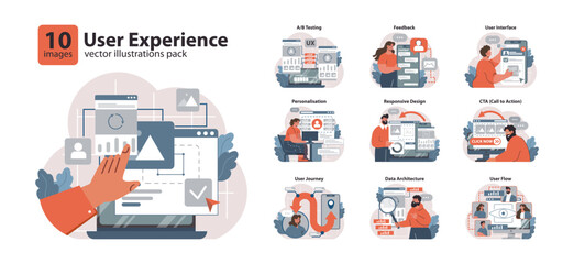 User Experience set. Exploring website features, feedback collection, interface adjustments. Personalizing content, mobile adaptability, user pathways. Analyzing structural data. vector illustration