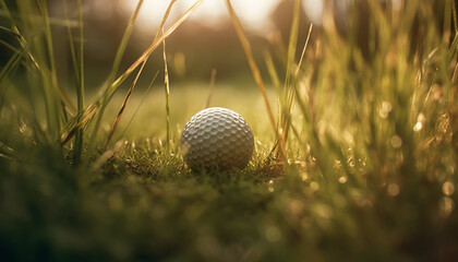 Golfer tees off, hitting ball towards green generated by AI