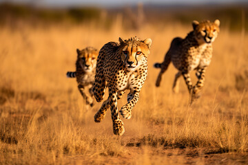 Cheetah family siblings running hunting together in savannah grassland.