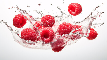 Fresh and delicious red raspberry fruits and water splashing in mid air isolated on dark background, close up shot.