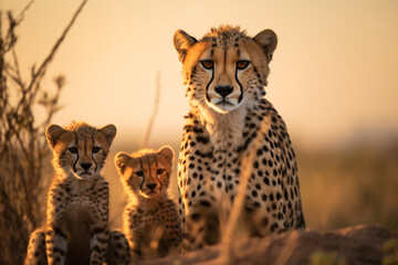Lovely cheetah family, mother with two cheetah cubs sitting looking at the camera, in savanna grassland. - obrazy, fototapety, plakaty