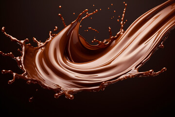 Melted chocolate splash, tasty chocolate wave floating in mid air isolated on dark background,...