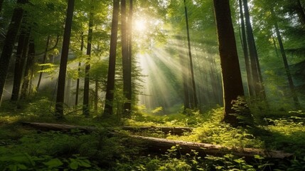 Fototapeta na wymiar Beautiful rays of sunlight in a green forest.Generative AI