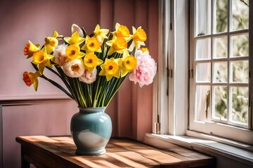 A bouquet of daffodil and peony flowers, placed in a delicate blush pink ceramic vase, on a wooden surface, near an open window.