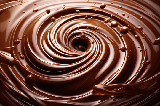 Stiring melted chocolate, chocolate swirl splashing, food background, close up shot.