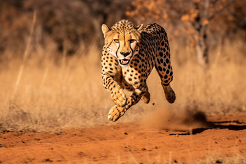 A cheetah running hunting alone in savannah grassland.
