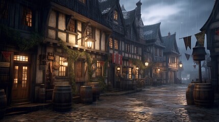 gloomy fantasy tavern in a city in a rainstorm.Generative AI.