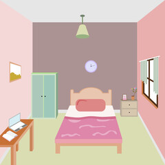Bedroom interior cartoon design vector illustration.