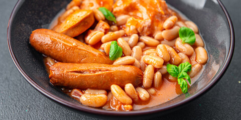 cassoulet dish  thick bean soup meat, bean, sausage delicious eating cooking appetizer meal food snack on the table copy space