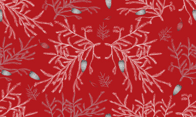 Seamless Christmas pattern. Branches of a Christmas tree with cones of white color on a red background. It can be used to create Christmas cards, fabrics and packaging.