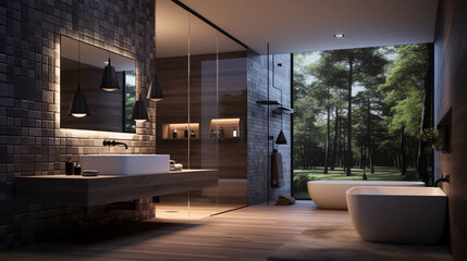 Modern contemporary bathroom with a bathtub, big windows and trees outside
