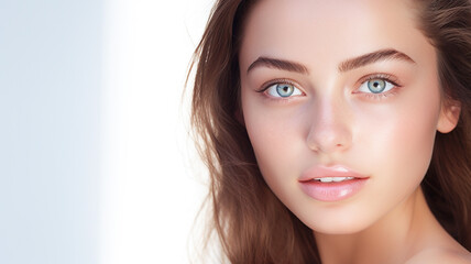 Naklejka premium Young woman with smooth healthy skin. Beautiful young looking woman happy smiling, beauty and cosmetics advertising concept. 