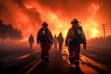 Firefighters walk on a road next to an advancing wildfire.