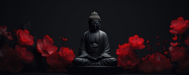 Buddha statue with red flowers on black background. Vesak Day, Buddhism, Buddha Jayanti, Buddha's Birthday (Buddha Purnima). Siddhartha Gautama. Meditation and zen. Asian culture concept - obrazy, fototapety, plakaty