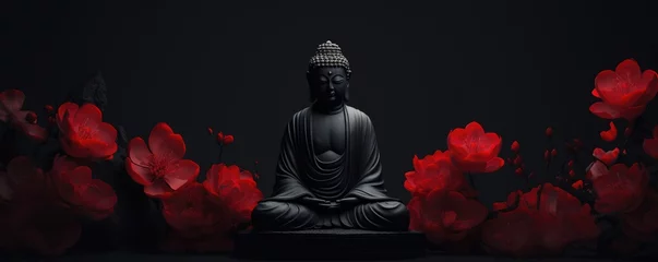 Fototapeten Buddha statue with red flowers on black background. Vesak Day, Buddhism, Buddha Jayanti, Buddha's Birthday (Buddha Purnima). Siddhartha Gautama. Meditation and zen. Asian culture concept © ratatosk