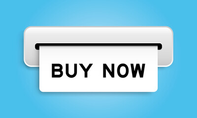 White coupon banner with word buy now from machine on blue color background