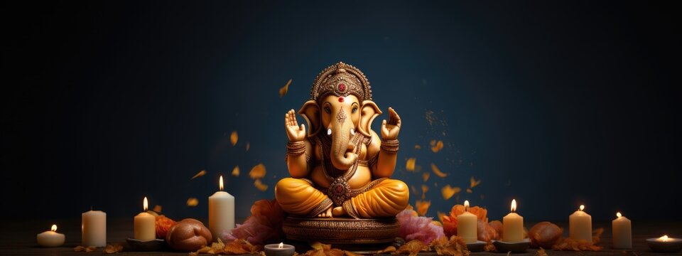 Golden hindu lord Ganesha sculpture on dark blue background. Indian god. Banner, poster, card for ganesha festival. Ganpati Bappa festival Ganesh Chaturthi