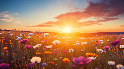 a golden-hued field of wildflowers beneath a radiant sunset, celebrating the beauty of nature's simplicity
