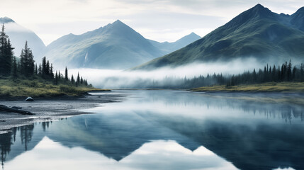 Fototapeta na wymiar breathtaking beauty of a serene mountain lake reflecting the surrounding peaks at sunrise