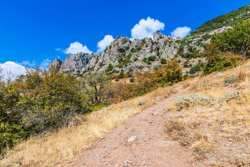 Mysterious mountain landscape of the Valley of Ghosts on the western slope of Mount Demerdzhi in Crimea. Popular tourism and trekking destination