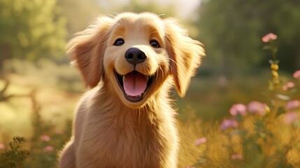 A golden retriever puppy happy with excitement, in the style of cartoon realism, Disney animation, hyper-realistic portraits, 